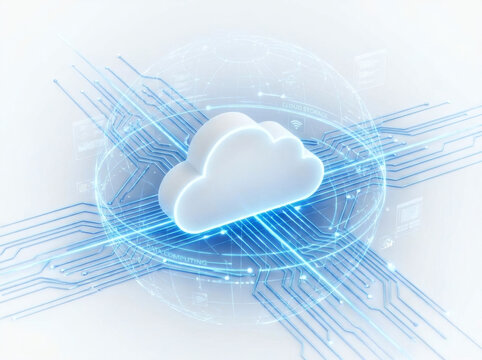 Cloud computing data storage concept 3d illustration with minimalist white cloud icon and glowing blue network connection matrix lines isolated on white background digital tech