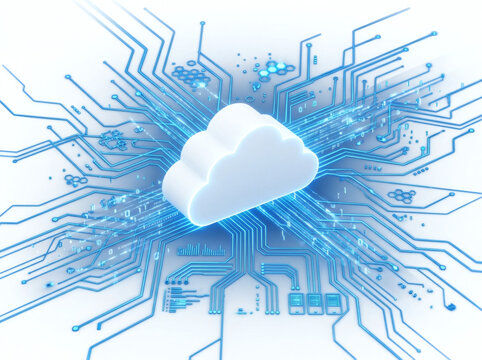 Cloud computing data storage concept 3d illustration with minimalist white cloud icon and glowing blue network connection matrix lines isolated on white background digital tech