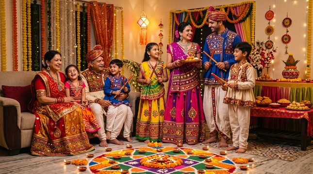 Indian family celebrating Navratri festival with traditional dance and decor