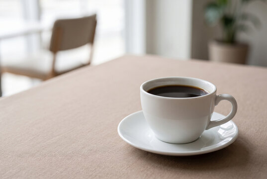 White cup of black coffee on beige tabletop with copy space