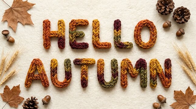 Knitted letters spelling ""Hello Autumn"" in warm autumnal colors surrounded by fall leaves and pinecones symbolizes cozy fall season.