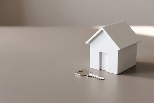 White house model and metal key on neutral tabletop
