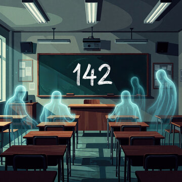 Ghostly transparent figures sit at desks in dark classroom. Eerie spectral students attend lesson in spooky school room. Large number 142 written on blackboard. Mysterious atmosphere with floating