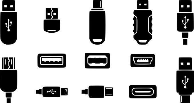 USB Drive & Cable Port Silhouette Icon Set. Collection of tech & science silhouettes, including usb drive & cable port, detailed computing device shapes, and more.