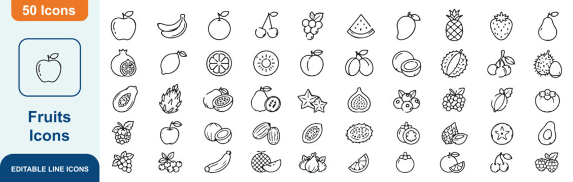 Fruits Outline Icon Set &ndash; Fresh Healthy Food, Tropical Fruits and Organic Produce Vector