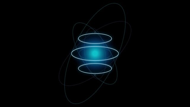 Abstract digital atom model with rotating energy rings and glowing core molecule science technology physics