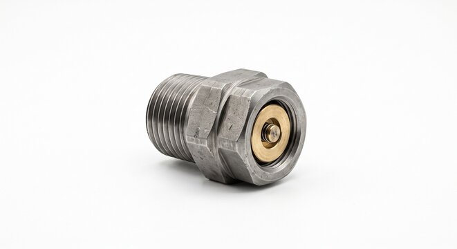 Mild steel tunnel segment grout injection port assembly with high-pressure threads and internal brass check valve. Void filling hardware isolated on white background.