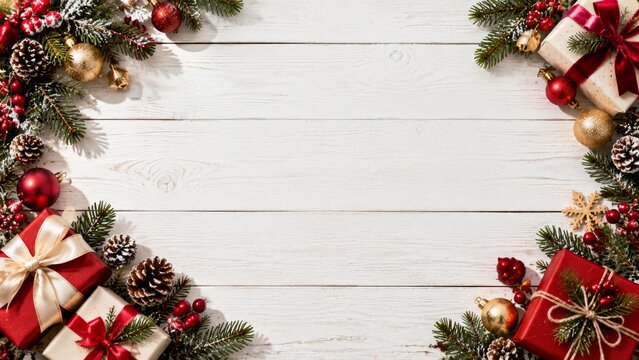 Decorative Arrangement of Christmas Gifts and Ornaments on a Wooden Table
