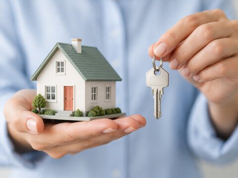 New Homeowner Holding a House Model and Key in Hands