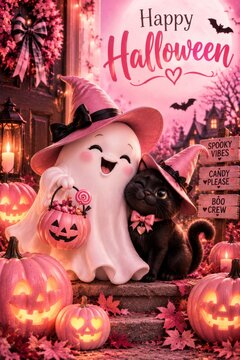 Happy Halloween With a Ghost and a Cat in a Festive Setting
