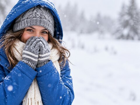 Smiling Person in Winter Coat Stands in Snowy Landscape
