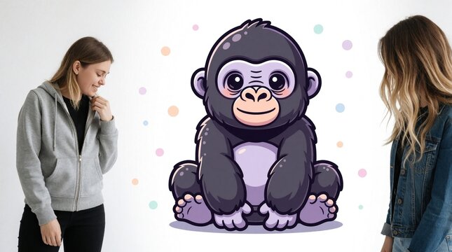 Cute cartoon gorilla clipart sits on white background. Adorable baby ape character with big eyes, friendly smile. Fun jungle animal illustration for kids stickers, baby nursery decor, zoo posters,