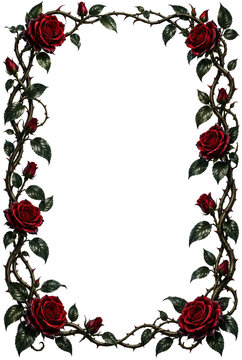 Red Rose Vine Frame with Green Leaves and Thorns - transparent PNG