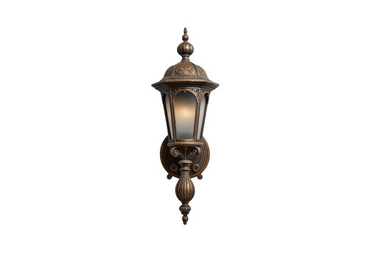 Ornate bronze wall sconce featuring a lit bulb, on a transparent background