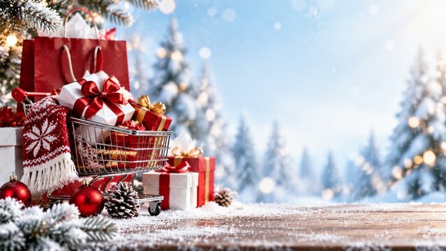 Holiday Gift Shopping in a Winter Scene With Decorations and Presents