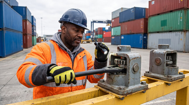 Port inspector with flashlight checking twist lock mechanism in container terminal. Concept of cargo inspection, port worker, maintenance, safety helmet, high visibility jacket.