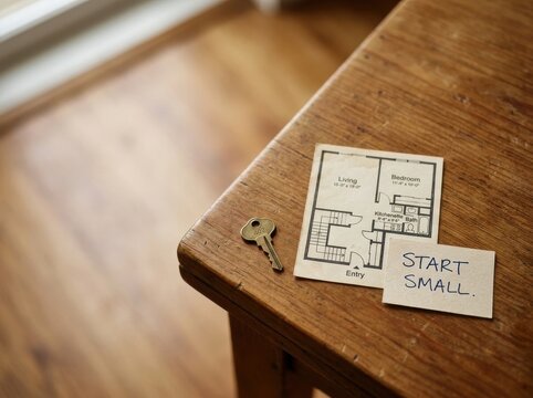 High-angle close-up of a brass door key numbered 402, a small apartment floor plan architectural drawing, and a handwritten note saying START SMALL resting on a rustic wooden table surface.
