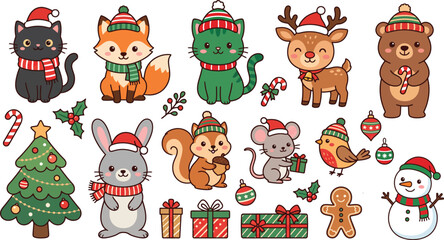 Obraz premium Charming collection of cartoon winter animals and festive holiday decorations vector illustration