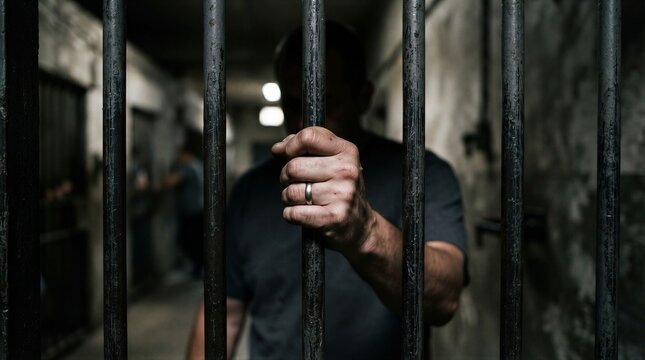 Hand grips rusted bars, showing restraint. Dark corridor looms behind, dimly lit. Tense atmosphere suggests confinement or isolation. Suitable for themes of imprisonment, justice, or restriction