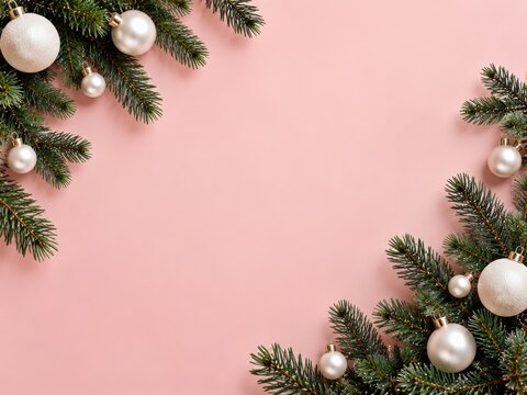 Decorative Green Branches With Silver Ornaments on Pink Background