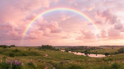Obraz premium Soft pink clouds cradle a vivid rainbow. Meandering river flows beside grassy fields. Winding path invites viewers to explore the scene. Wildflowers bloom in the foreground, adding color and life