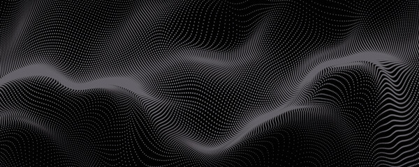 Wave dots abstract pattern. Flow of white curved dotted lines vector illustration isolated on black background. Dynamic shiny swirl backdrop. Digital, technology, ia, music, modern design element © al