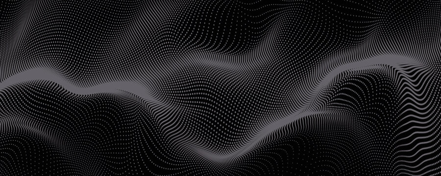 Wave dots abstract pattern. Flow of white curved dotted lines vector illustration isolated on black background. Dynamic shiny swirl backdrop. Digital, technology, ia, music, modern design element