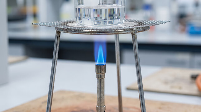 Blue flame of Bunsen burner heating water in beaker on tripod stand in laboratory. Concept of gas burner, glassware. Copy space.