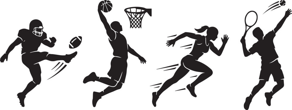 Black silhouette set of athletes playing american football, basketball, running, tennis