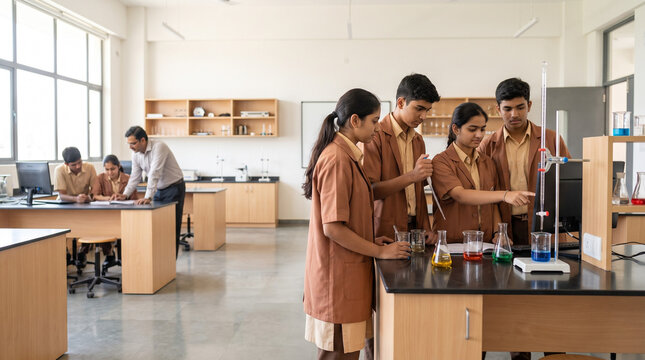 Indian Students Conducting Science Experiment in School Lab