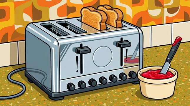 Chrome Toaster with Crisp Bread Slices and Fresh Berry Jam