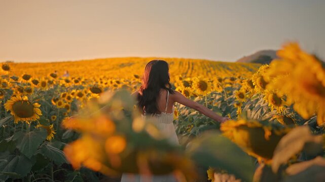 Happy young Asian woman spinning with open arms in blooming sunflower field at golden sunset, joyful female enjoying freedom and nature outdoors, summer travel, happiness