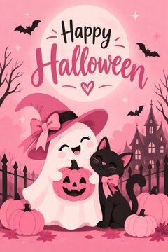 Happy Halloween Celebration With a Ghost and a Cat in a Spooky Setting