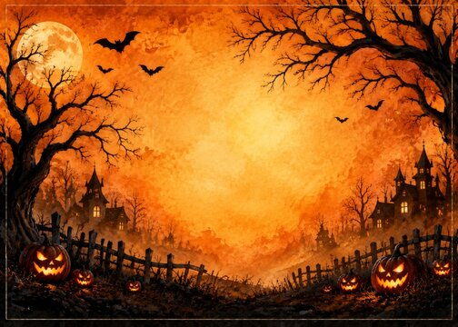 Spooky Halloween Scene With Pumpkins and Bats at Sunset