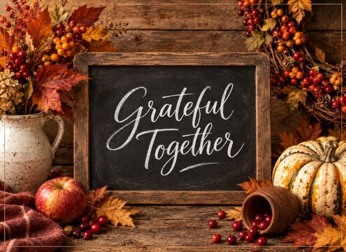 Grateful Together Sign With Autumn Decorations on Wooden Table