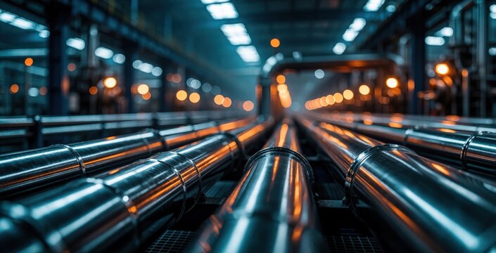 Close up of shiny metal pipes in industrial plant. Steel pipelines run through factory floor with orange bokeh lights. Modern manufacturing facility shows energy infrastructure, gas network, heavy