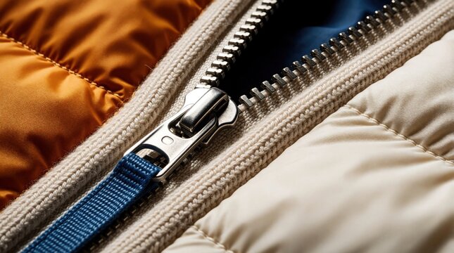 Extreme closeup of metal zipper on puffer jacket. Detail of silver slider on beige, orange quilted fabric. Textile texture shows stitching, nylon material. Winter outerwear apparel with warm