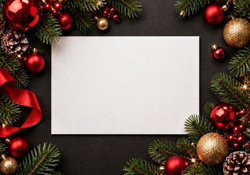 Festive Decorations Surround a Blank Card on a Dark Surface