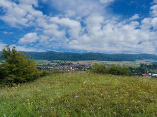 Fototapeta premium Die Stadt Bohlingen im Hegau, eingebettet in die Halbinsel Höri am Bodensee, gesehen von den grünen Hängen des Galgenbergs im Norden. Am Horizon das Schiener Berg. 