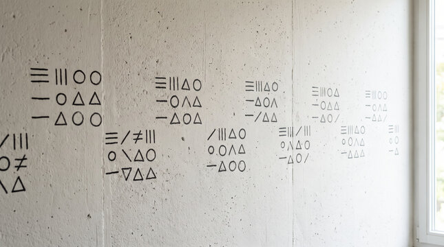 Minimal geometric symbols and abstract code marks painted on textured concrete wall interior. Concept of glyphs, minimalism, cypher, secret code, modern interior. Copy space.