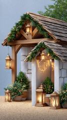 Obraz premium Rustic wooden manger scene with glowing lanterns, pine branches and cones among rocks, evoking a peaceful christian christmas setting symbolizing faith and the birth of christ