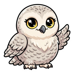 Fototapeta premium Cute Snowy Owl Illustration: An adorable, cartoonish snowy owl with large, sparkling eyes and soft grey markings, waving its wing in a friendly gesture.