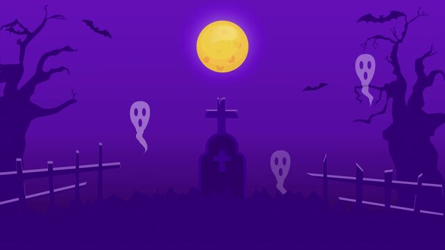 spooky scary night flat design purple color tone with bat, jack lantern and moon background. seamless looping time-lapse.