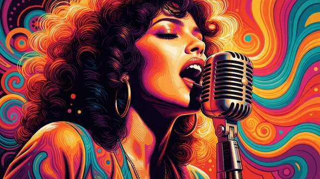 Psychedelic 60s style illustration of groovy female singer with big afro hair. Woman sings into vintage microphone at rock concert. Colorful wavy background with trippy pop art vibes for retro music