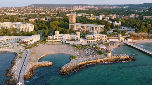 St Constantine Elena Bulgaria sea resort aerial view luxury hotels coastline sandy beach sunrise tourist summer vacation