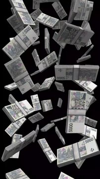 Vertical Czech Republic Money, Falling Czech Koruna Bills Black Background, Premium Central Europe Prague Finance Cash Stacks, 4K