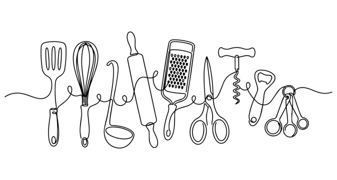 A continuous line drawing depicts various kitchen utensils against a white background cookware ladle whisk