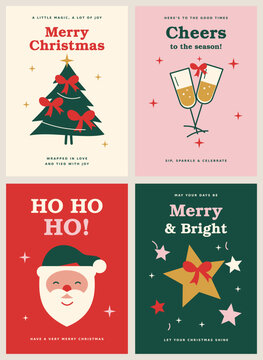 Playful Christmas Greeting Card Set with Santa, Bow Decorated Tree, Champagne Glasses and Stars