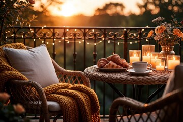 Fototapeta premium Cozy balcony setup at sunset with rattan furniture. Warm candles glow on table near croissants, hot coffee. Soft pillows, yellow knit blanket on armchair create relaxing atmosphere. Beautiful evening