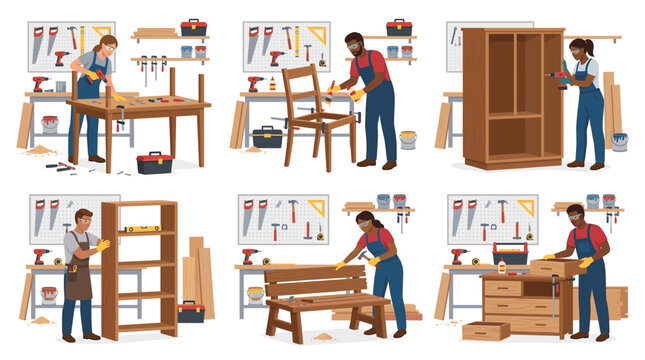 Carpenter craft people furniture makers vector concept
